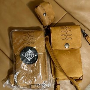 Nena & Co Micro Phone bag x2 Leather Tassles AirPod holder Tobacco Leather light